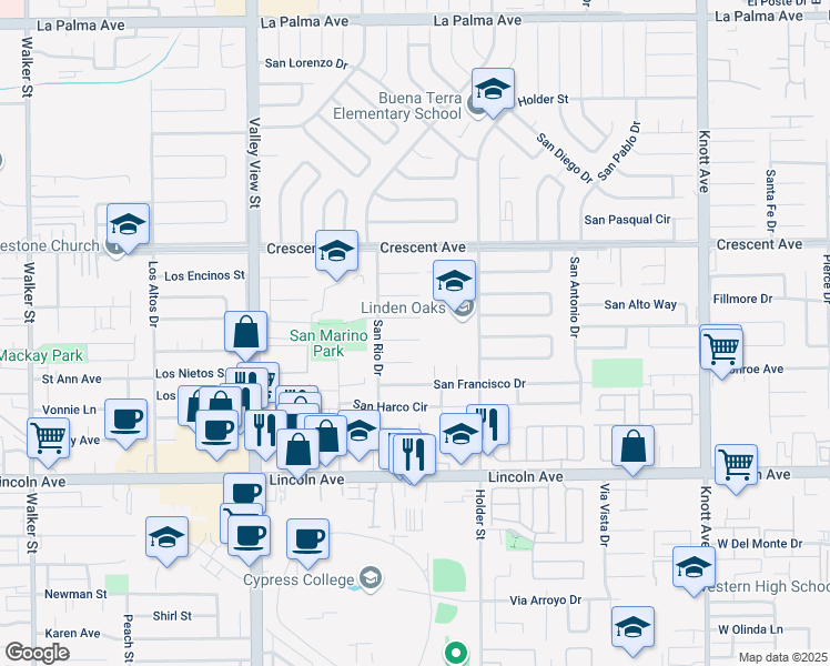 map of restaurants, bars, coffee shops, grocery stores, and more near 6375 San Rolando Circle in Buena Park