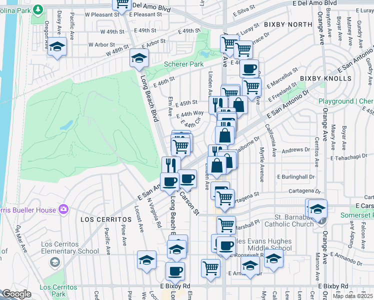 map of restaurants, bars, coffee shops, grocery stores, and more near 404 East Freeland Street in Long Beach