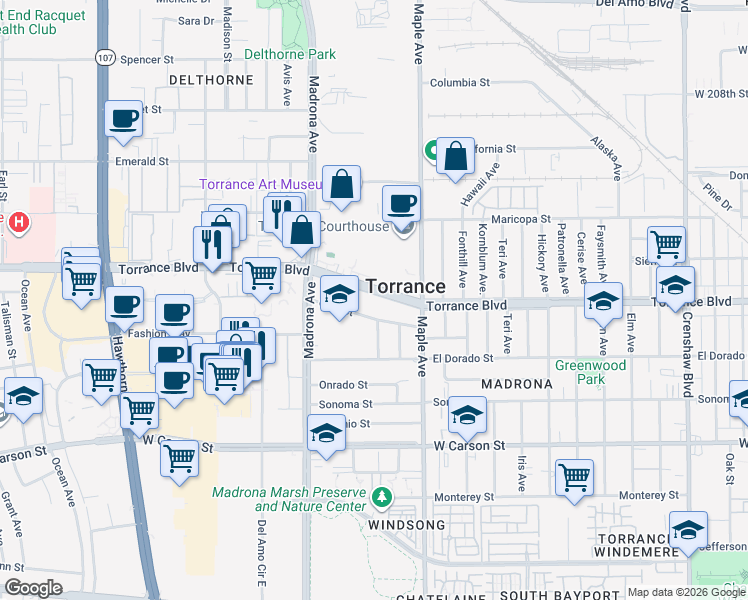 map of restaurants, bars, coffee shops, grocery stores, and more near 3221 Torrance Boulevard in Torrance