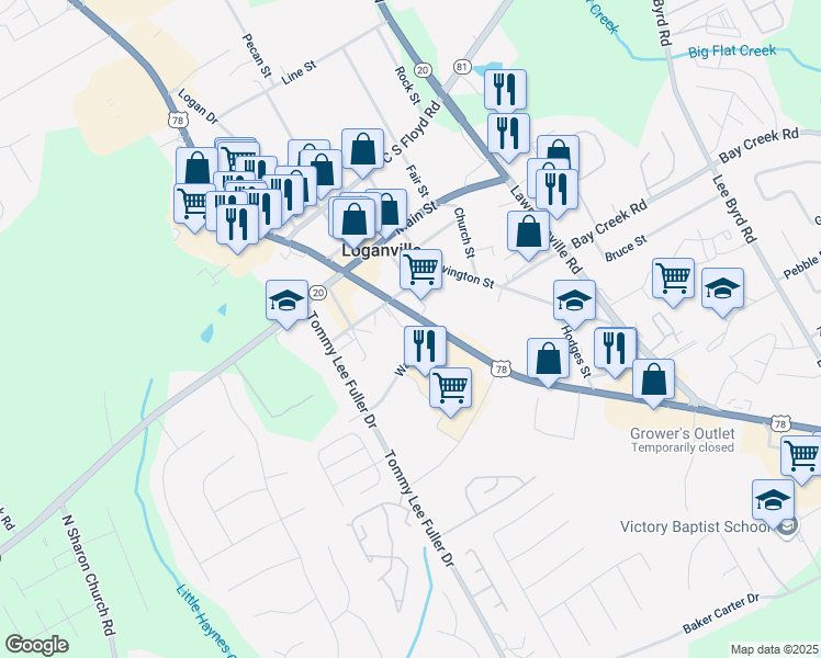 map of restaurants, bars, coffee shops, grocery stores, and more near 4431 Atlanta Highway in Loganville