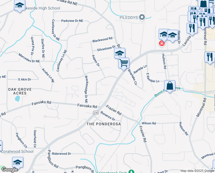 map of restaurants, bars, coffee shops, grocery stores, and more near 2855 Cedar Canyon Court Northeast in Atlanta