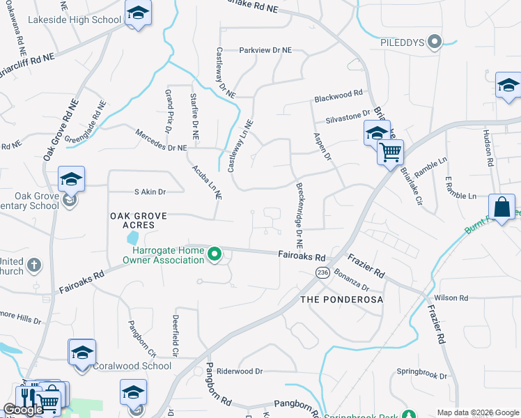 map of restaurants, bars, coffee shops, grocery stores, and more near 1826 Castleway Lane Northeast in Atlanta