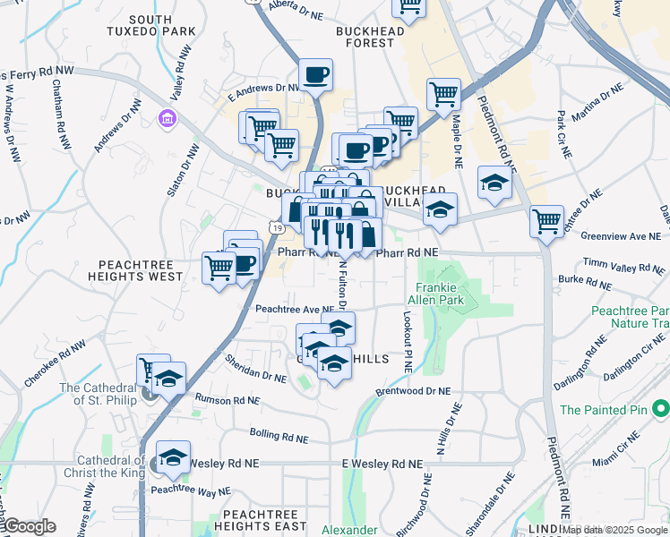 map of restaurants, bars, coffee shops, grocery stores, and more near 293 Pharr Road Northeast in Atlanta