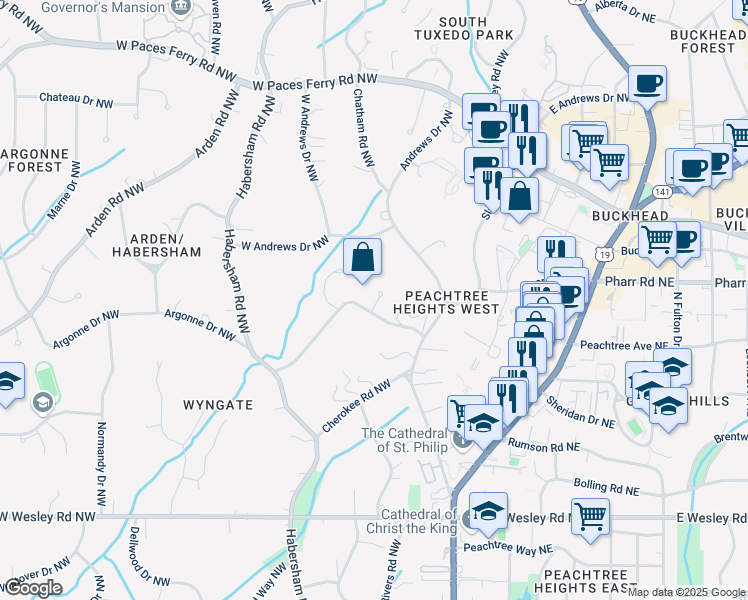 map of restaurants, bars, coffee shops, grocery stores, and more near 2983 Habersham Court Northwest in Atlanta