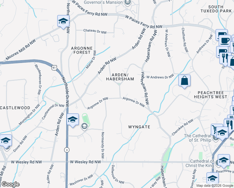 map of restaurants, bars, coffee shops, grocery stores, and more near 3000 East Pine Valley Road Northwest in Atlanta