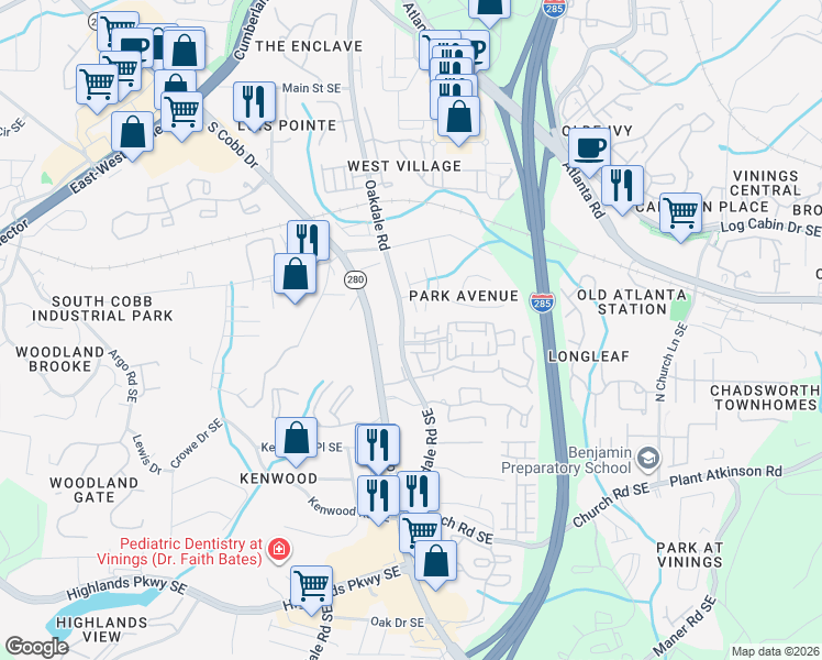 map of restaurants, bars, coffee shops, grocery stores, and more near 4798 Terramond Lane Southeast in Smyrna