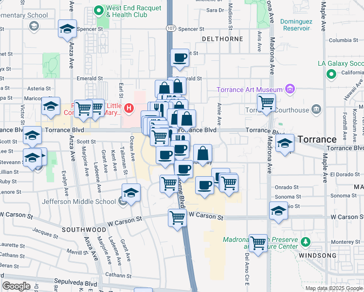 map of restaurants, bars, coffee shops, grocery stores, and more near 21250 Hawthorne Boulevard in Torrance