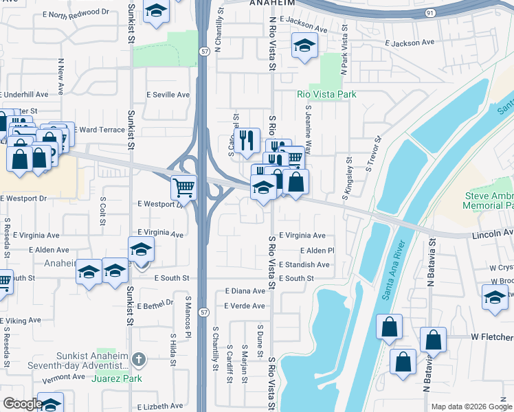 map of restaurants, bars, coffee shops, grocery stores, and more near 408 South Chatham Circle in Anaheim