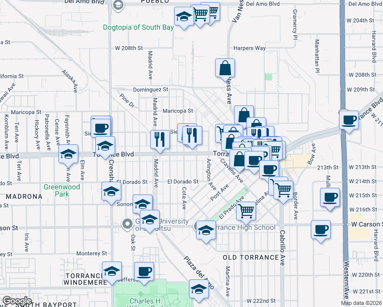 map of restaurants, bars, coffee shops, grocery stores, and more near 2212 Torrance Boulevard in Torrance