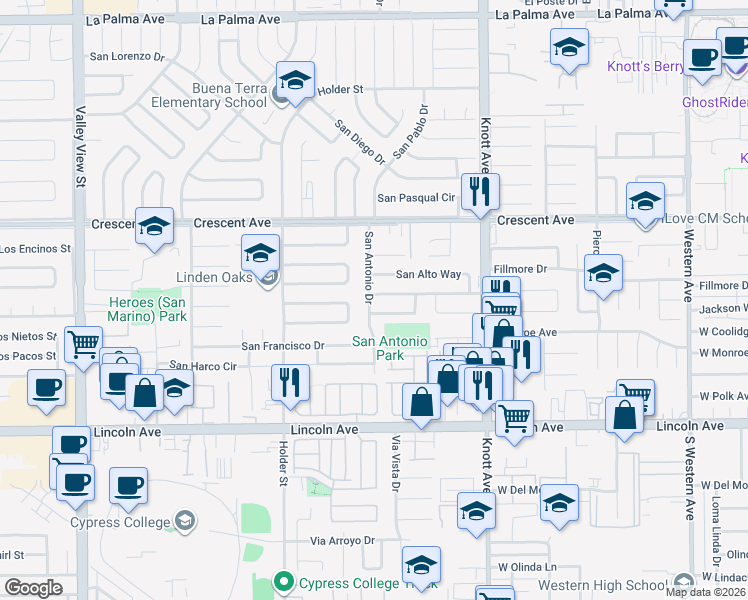 map of restaurants, bars, coffee shops, grocery stores, and more near 6724 San Bruno Drive in Buena Park