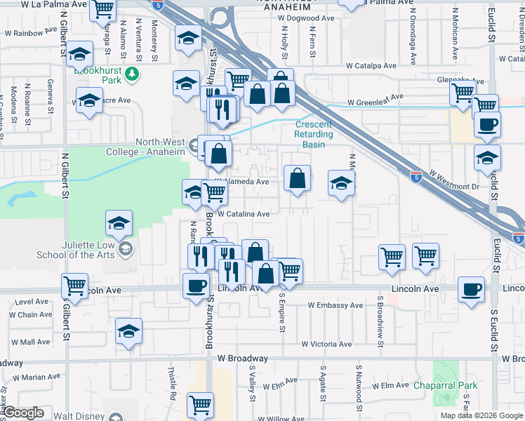 map of restaurants, bars, coffee shops, grocery stores, and more near 2112 West Brownwood Avenue in Anaheim