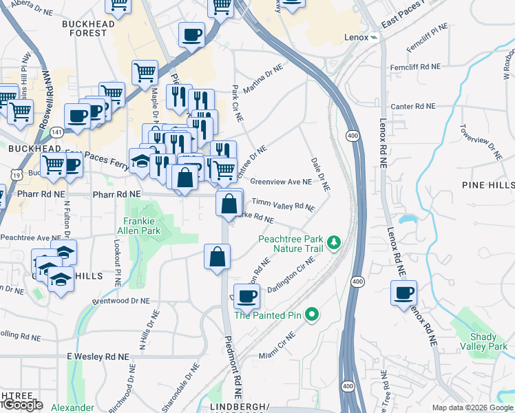 map of restaurants, bars, coffee shops, grocery stores, and more near 635 Timm Valley Road Northeast in Atlanta