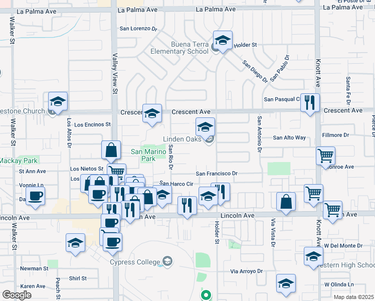 map of restaurants, bars, coffee shops, grocery stores, and more near 6375 San Rolando Circle in Buena Park