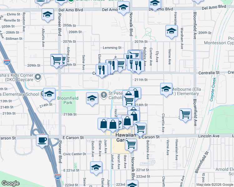 map of restaurants, bars, coffee shops, grocery stores, and more near 21123 Norwalk Boulevard in Hawaiian Gardens
