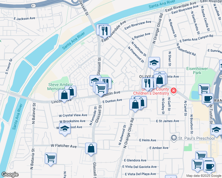 map of restaurants, bars, coffee shops, grocery stores, and more near 245 East Lincoln Avenue in Orange