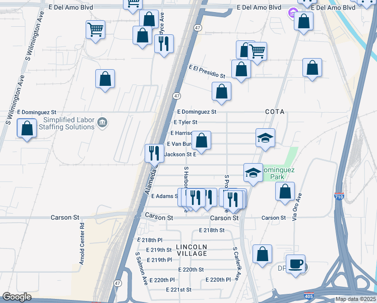 map of restaurants, bars, coffee shops, grocery stores, and more near 2617 East Van Buren Street in Carson