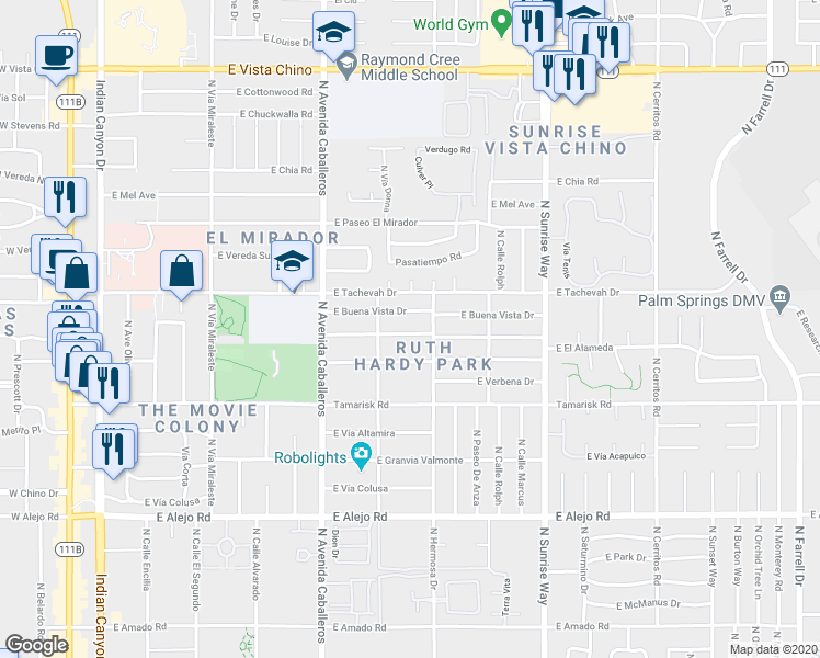 map of restaurants, bars, coffee shops, grocery stores, and more near 1152 East San Jacinto Way in Palm Springs