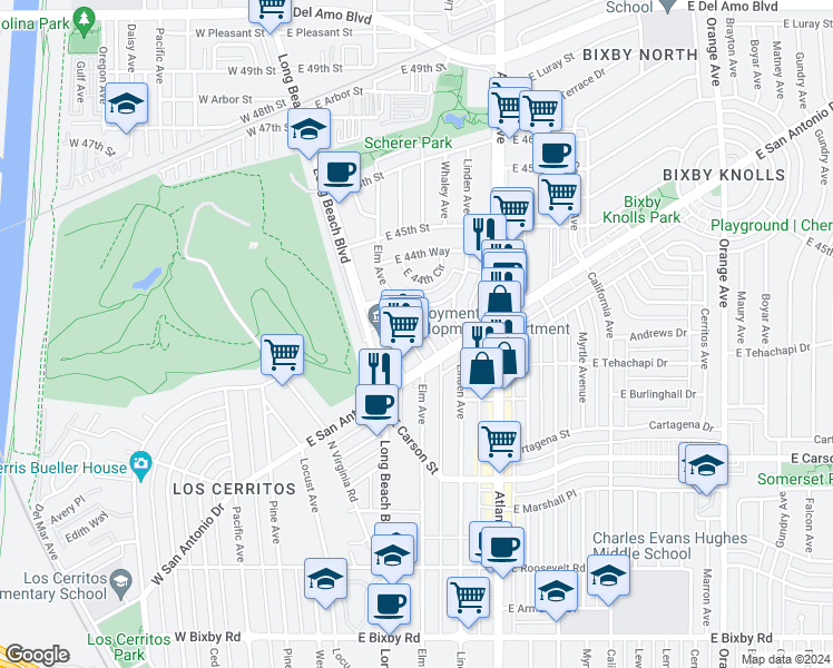 map of restaurants, bars, coffee shops, grocery stores, and more near 4333 Elm Avenue in Long Beach