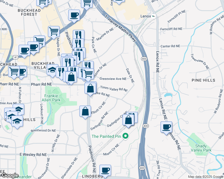 map of restaurants, bars, coffee shops, grocery stores, and more near 655 Timm Valley Road Northeast in Atlanta
