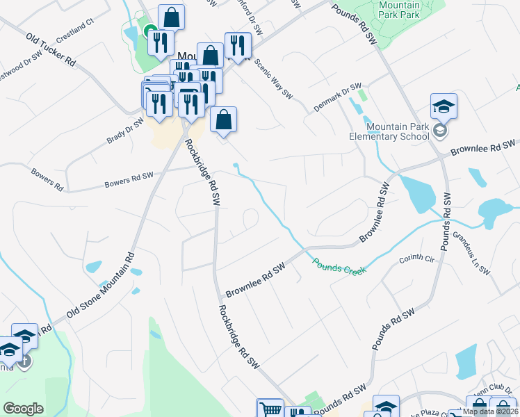 map of restaurants, bars, coffee shops, grocery stores, and more near 5330 Village View Lane Southwest in Stone Mountain
