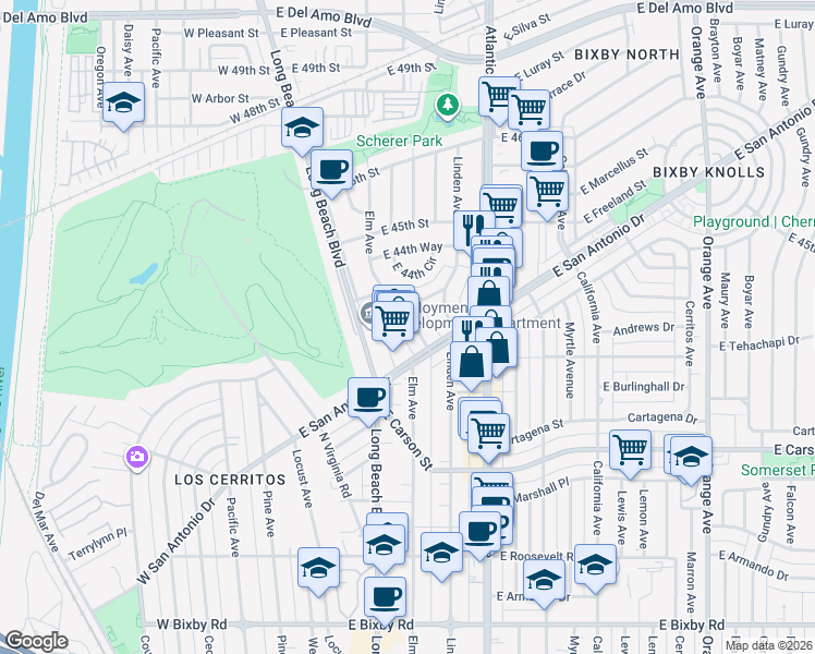map of restaurants, bars, coffee shops, grocery stores, and more near 4333 Elm Avenue in Long Beach