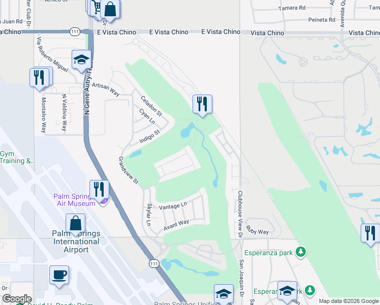map of restaurants, bars, coffee shops, grocery stores, and more near 960 Patina Lane in Palm Springs