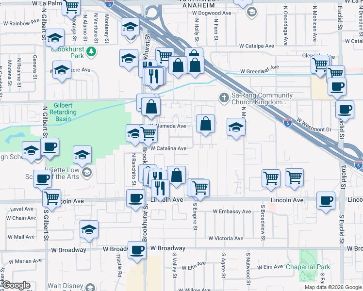 map of restaurants, bars, coffee shops, grocery stores, and more near 2121 West Catalina Avenue in Anaheim