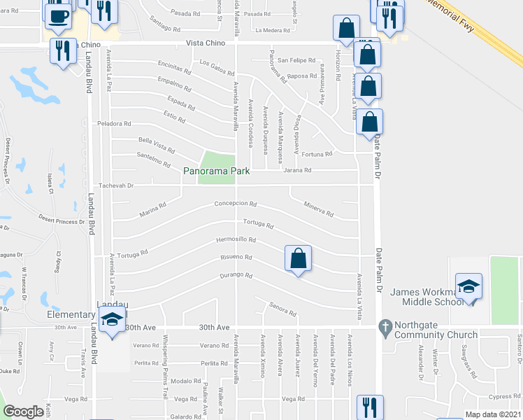 map of restaurants, bars, coffee shops, grocery stores, and more near 68615 Concepcion Road in Cathedral City