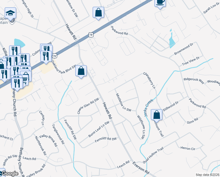 map of restaurants, bars, coffee shops, grocery stores, and more near 3677 Chinaberry Ln in Snellville