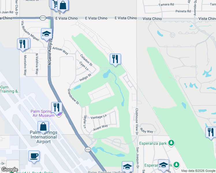 map of restaurants, bars, coffee shops, grocery stores, and more near 960 Patina Lane in Palm Springs