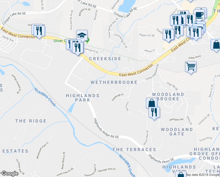 map of restaurants, bars, coffee shops, grocery stores, and more near 1414 Hornell Lane in Smyrna