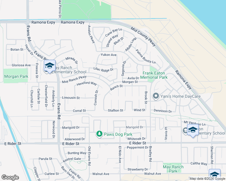 map of restaurants, bars, coffee shops, grocery stores, and more near 1402 Ranch Street in Perris
