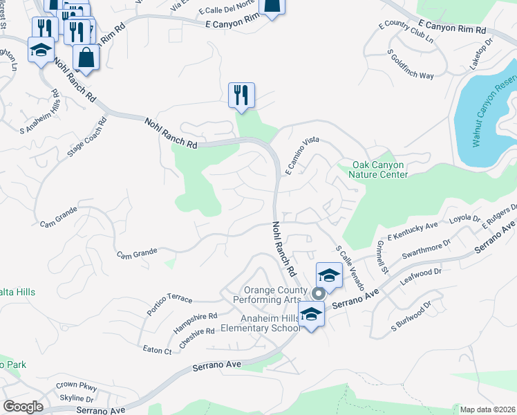 map of restaurants, bars, coffee shops, grocery stores, and more near 6431 East Ridge Glen Road in Anaheim