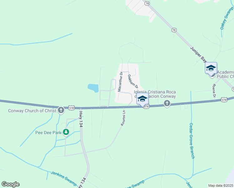map of restaurants, bars, coffee shops, grocery stores, and more near 213 Macarthur Drive in Conway