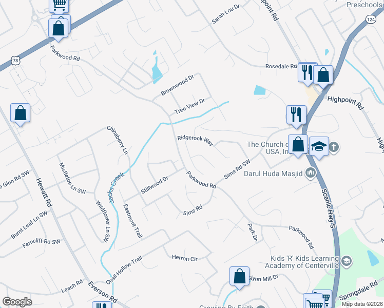 map of restaurants, bars, coffee shops, grocery stores, and more near 2532 Laurel View Court in Snellville