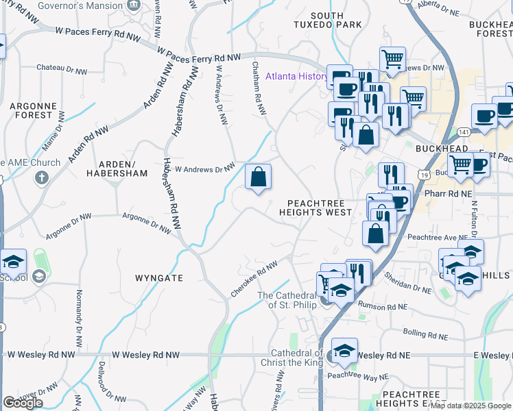 map of restaurants, bars, coffee shops, grocery stores, and more near 1 Habersham Way Northwest in Atlanta
