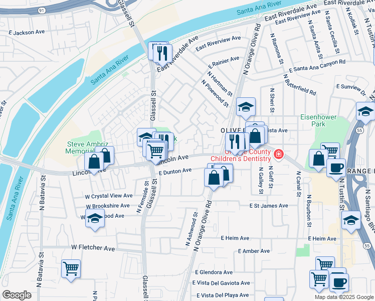 map of restaurants, bars, coffee shops, grocery stores, and more near 2870 North Cottonwood Street in Orange