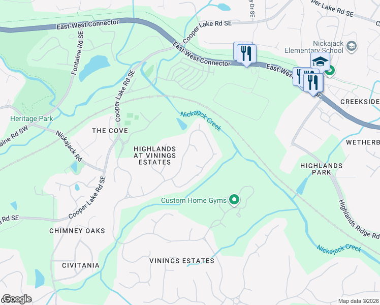 map of restaurants, bars, coffee shops, grocery stores, and more near 734 Vinings Estates Drive Southeast in Mableton