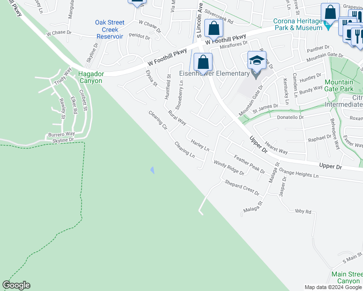 map of restaurants, bars, coffee shops, grocery stores, and more near 3333 Clearing Lane in Corona