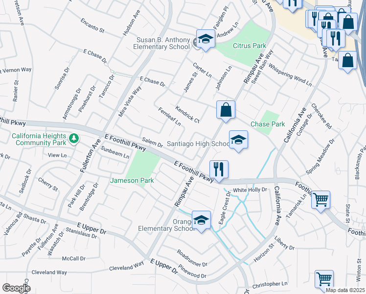 map of restaurants, bars, coffee shops, grocery stores, and more near 3160 Vermont Drive in Corona