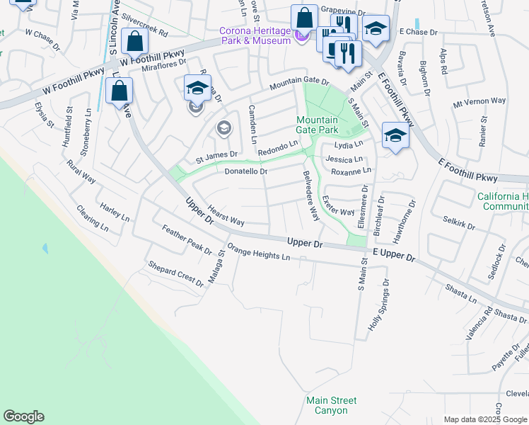 map of restaurants, bars, coffee shops, grocery stores, and more near 701 Raphael Circle in Corona