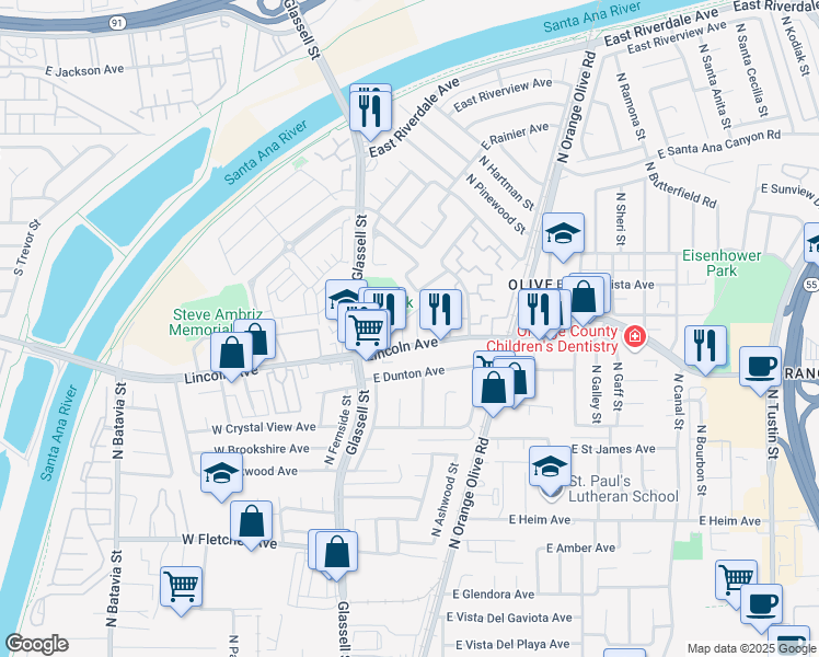 map of restaurants, bars, coffee shops, grocery stores, and more near 245 East Lincoln Avenue in Orange