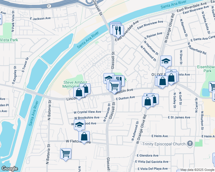 map of restaurants, bars, coffee shops, grocery stores, and more near 347 West Linden Drive in Orange