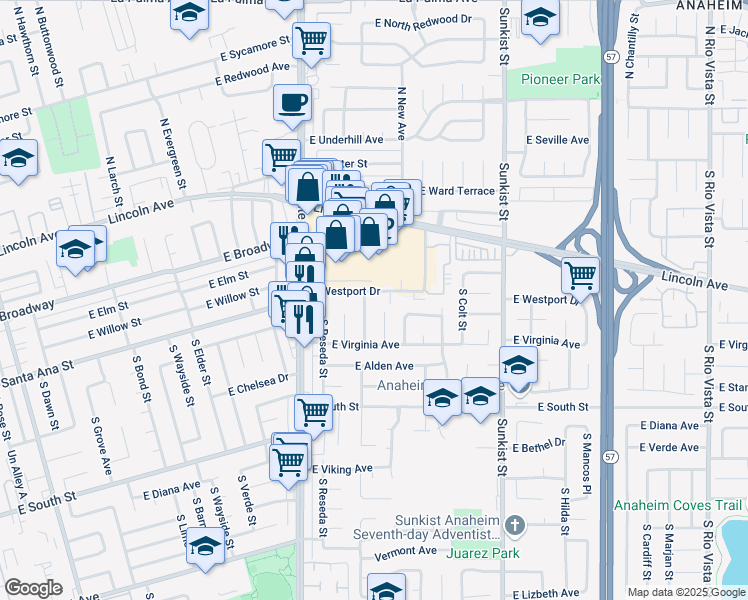 map of restaurants, bars, coffee shops, grocery stores, and more near 2139 East Westport Drive in Anaheim