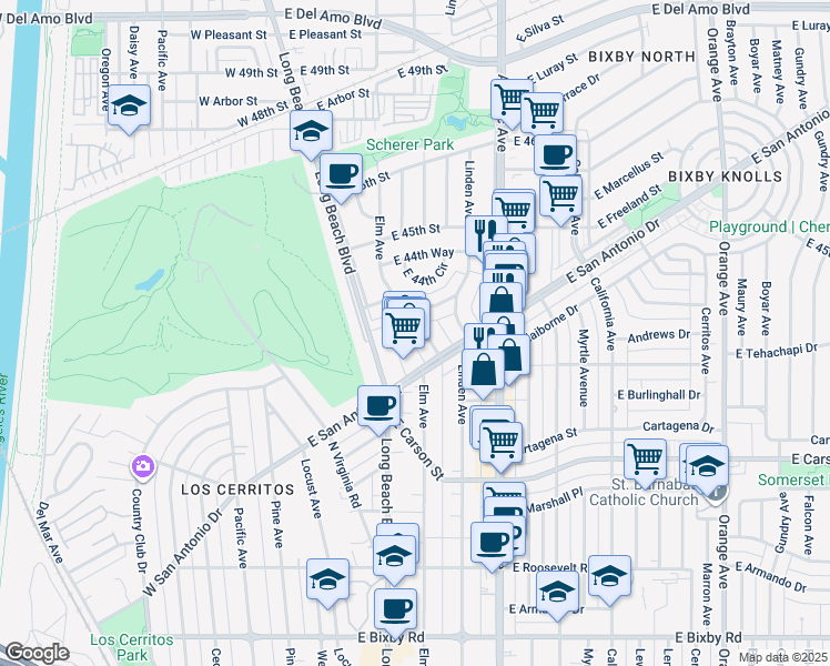 map of restaurants, bars, coffee shops, grocery stores, and more near 404 East Freeland Street in Long Beach