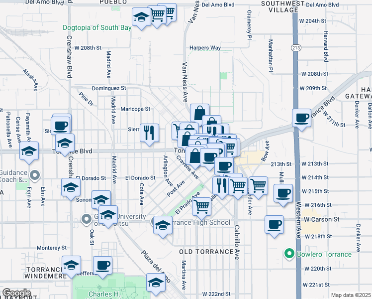 map of restaurants, bars, coffee shops, grocery stores, and more near 923 Sartori Avenue in Torrance