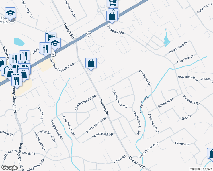 map of restaurants, bars, coffee shops, grocery stores, and more near 3677 Chinaberry Lane in Snellville