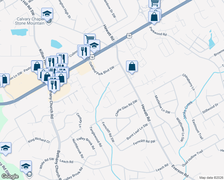 map of restaurants, bars, coffee shops, grocery stores, and more near 2264 Oakland Spring Drive in Snellville