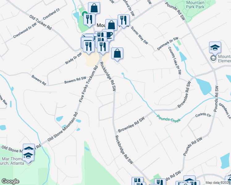 map of restaurants, bars, coffee shops, grocery stores, and more near 1408 Rockbridge Road Southwest in Stone Mountain