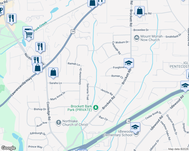 map of restaurants, bars, coffee shops, grocery stores, and more near 3894 Samaria Court in Tucker
